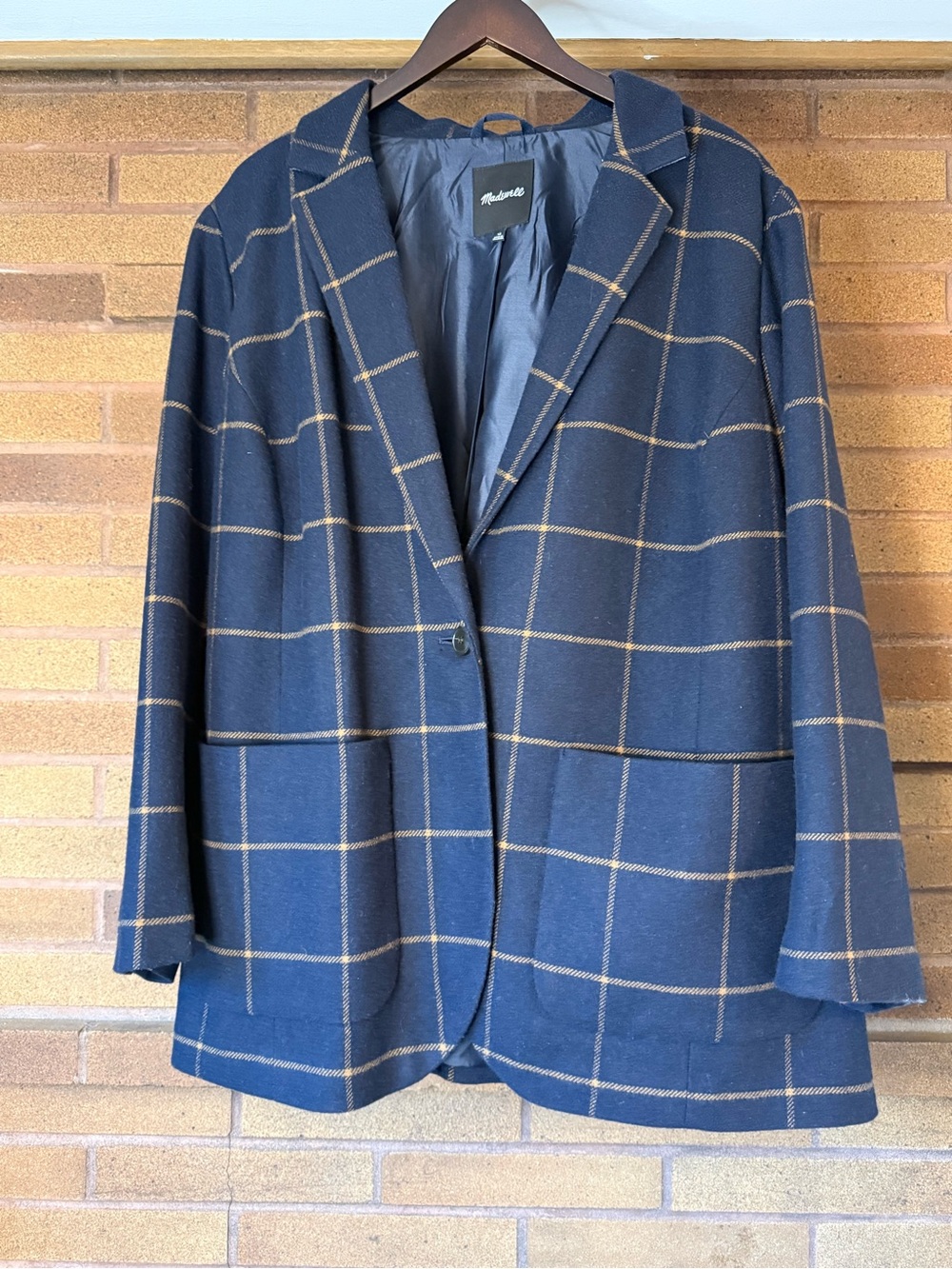 Madewell Navy Wool-Blend Blazer with Brown Windowpane Check